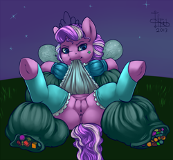 Size: 1621x1500 | Tagged: explicit, artist:infinityplus1, diamond tiara, butt, clothes, dress, earth pony, female, filly, foal, foalcon, g4, halloween, holiday, human vulva on pony, imported from derpibooru, nudity, plot, pony, presenting, skirt, skirt lift, socks, solo, solo female, spread legs, spreading