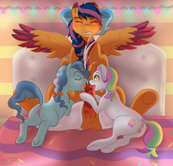 Size: 920x884 | Tagged: explicit, artist:lynxbrush, oc, oc:solar comet, anatomically correct, anus, bed, blowjob, bow, canon x oc, coconut cream, cum, cum fountain, disguise, disguised changeling, dock, drool, eyelashes, eyes closed, female, femboy, filly, filly on stallion, foal, foalcon, g4, imported from derpibooru, male, nudity, on bed, on pillow, oral, orgasm, pegasus, penis, petunia paleo, pony, sex, spread legs, spreading, stallion, tail ring, tongue out, vaginal secretions, vulva, wings