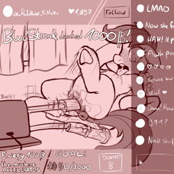 Size: 2200x2200 | Tagged: explicit, artist:crade, scootaloo, 911, ahegao, anal secretions, anatomically correct, anus, chat, clitoris, dialogue, donation, dripping, dripping from both ends, drool, female, filly, fluids, fluttering, foal, foalcon, fucking machine, g4, heart eyes, high res, imported from derpibooru, insertion, machine, monochrome, nudity, on back, open mouth, pegasus, ponut, pony, solo, solo female, streaming, tongue out, vaginal insertion, vaginal secretions, vulva, wingding eyes