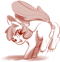 Size: 1199x1236 | Tagged: explicit, artist:crade, apple bloom, anatomically correct, anus, bloom butt, butt, clitoris, dock, earth pony, female, filly, foal, foalcon, g4, grayscale, imported from derpibooru, looking back, monochrome, nudity, open mouth, plot, ponut, pony, smiling, solo, solo female, vaginal secretions, vulva, vulvar winking