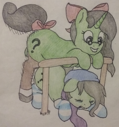 Size: 863x923 | Tagged: explicit, semi-grimdark, oc, oc:filly anon, oc:venanon, oc:warm filly, bow, clothes, female, filly, foal, foalcon, from behind, futa, futa filly, futa filly anon, futa filly on filly, futa oc, futa on female, hair bow, imported from derpibooru, impregnation, intersex, oc only, pony, sex, socks, striped socks, tail bow, traditional art