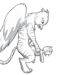 Size: 1000x1250 | Tagged: explicit, artist:telsa, oc, oc:telsie, abdominal bulge, earth pony, female, filly, foal, foalcon, griffon, griffon oc, imported from derpibooru, lidded eyes, male, monochrome, oc only, open mouth, pony, sex, size difference, softcore, straight, sweat, tongue out, wings