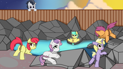 Size: 3840x2160 | Tagged: explicit, artist:cutelewds, apple bloom, scootaloo, sweetie belle, adorabloom, anatomically correct, anus, barley barrel, barleybetes, blushing, butt, casual nudity, colt, crotchboobs, cute, cutealoo, cutie mark crusaders, diasweetes, dinkabetes, dinky hooves, dock, earth pony, female, filly, foal, foalcon, g4, genitals, high res, hot springs, imported from derpibooru, looking at you, male, nipples, nudity, peeking, pegasus, pony, rumble, unicorn, voyeurism, vulva, water