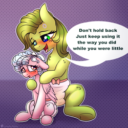 Size: 3000x3000 | Tagged: questionable, artist:cornelia_nelson, oc, age difference, blushing, cozy glow, diaper, diaper fetish, fetish, foal, foalcon, g4, high res, imported from derpibooru, non-baby in diaper, text, wet diaper