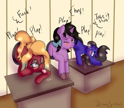 Size: 2348x2049 | Tagged: explicit, artist:itwasscatters, oc, oc:arc comet, oc:astra nova, oc:polar wind, blushing, dialogue, female, filly, foal, foalcon, full body glory hole, glory hole, high res, imported from derpibooru, moaning, moaning in pleasure, panting, plap, pony, siblings, sisters, through wall, tongue out, tooth gap