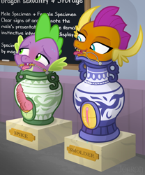 Size: 1969x2367 | Tagged: explicit, semi-grimdark, artist:icaron, spike, acrotomophilia, amputee, blushing, body modification, bondage, cartoon physics, classroom, cockring, display, dragon, dragon dick, dragoness, encasement, female, foalcon, g4, gag, humiliation, imported from derpibooru, inanimate tf, knot, limbless, male, nudity, objectification, open mouth, penis, permanent bondage, pot girl, quadruple amputee, ring gag, septuple amputee, show accurate, show accurate porn, smolder, sweat, sweatdrops, transformation, vase, vulva