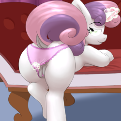 Size: 4000x4000 | Tagged: explicit, artist:sliderspoint, sweetie belle, art pack:pantiepalooza3, alternate version, clitoris, clothes, dock, female, foalcon, frilly underwear, g4, imported from derpibooru, looking at you, looking back, looking back at you, magic, nudity, panties, panties aside, pink underwear, pony, showing off, solo, solo female, underwear, vulva, vulvar winking