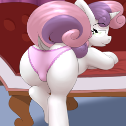 Size: 4000x4000 | Tagged: questionable, artist:sliderspoint, sweetie belle, art pack:pantiepalooza3, clothes, cute, dock, female, filly, foal, foalcon, frilly underwear, g4, implied foalcon, imported from derpibooru, looking at you, looking back, looking back at you, modeling, panties, pink underwear, pony, solo, solo female, underwear, unicorn