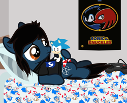 Size: 1162x937 | Tagged: explicit, artist:lightningbolt, .svg available, bed, bring me the horizon, clothes, colt, controller, derpibooru exclusive, earth pony, fetish, foal, foalcon, frown, g4, hoof hold, horsecock, imported from derpibooru, male, masturbation, nudity, oliver sykes, on back, penis, pillow, plushie, plushophilia, ponified, pony, poster, precum, sega mega drive, shirt, show accurate, solo, solo male, sonic the hedgehog, sonic the hedgehog (series), svg, vector, younger