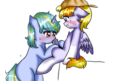 Size: 1800x1200 | Tagged: explicit, artist:linlilolol, oc, oc:cevy cyanstrings, oc:dreamy cyanstrings, blowjob, blushing, brother and sister, cap, colt, embarrassed, female, female on male, filly, filly on colt, foal, foalcon, hat, hoof hold, hoofjob, imported from derpibooru, incest, male, nudity, oc only, oral, pegasus, penis, pony, sex, shy, siblings, simple background, sitting, straight, sweat, sweatdrop, unicorn, white background