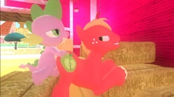 Size: 1024x575 | Tagged: questionable, artist:undeadponysoldier, spike, anal, barn, bedroom eyes, big macintosh, doggy style, dragon, dragon on pony action, earth pony, foalcon, freckles, from behind, g4, gay, hay, imported from derpibooru, interspecies, male, penetration, pony, sex, ship:spikentosh, shipping, softcore, stallion