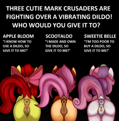 Size: 1108x1124 | Tagged: explicit, artist:cutelewds, apple bloom, scootaloo, sweetie belle, anatomically correct, anus, black background, blank flank, bloom butt, booty mark crusaders, butt, clitoris, cutie mark crusaders, dark genitals, dock, earth pony, edit, female, females only, filly, foal, foalcon, g4, imported from derpibooru, magic, magic aura, magical spreading, nudity, pegasus, plot, ponut, pony, presenting, presenting anus, presenting pussy, puckered asshole, raised tail, rear view, scootabutt, simple background, spread pussy, sweetie butt, tail, tail aside, test, text, unicorn, urethra, vagina, vaginal secretions, vulva, vulvar winking, wallpaper, wallpaper for the fearless