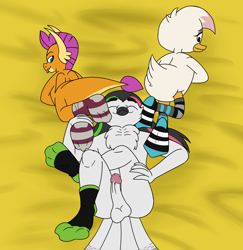 Size: 3570x3672 | Tagged: explicit, artist:aaron amethyst, oc, anthro, ass, avian, balls, bird, butt, canon x oc, clothes, dragon, duck, ducktales, ducktales 2017, feet, female, fetish, foalcon, foot fetish, g4, group sex, high res, imported from derpibooru, lena sabrewing, male, nudity, owl, partial nudity, penis, smolder, smolderriere, snowy owl, sock fetish, socks, socks only, striped socks, teenager, threesome, trio