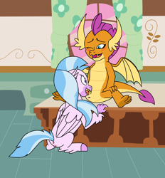 Size: 2844x3066 | Tagged: explicit, artist:aaron amethyst, cunnilingus, dragon, duo, female, foalcon, g4, high res, hippogriff, imported from derpibooru, kitchen, lesbian, oral, sex, ship:smolderstream, shipping, silverstream, smolder