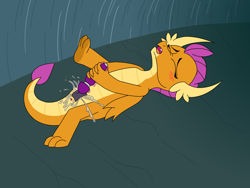 Size: 4896x3672 | Tagged: explicit, artist:aaron amethyst, anal only, blushing, cave, dragon, excessive vaginal secretions, female, foalcon, g4, imported from derpibooru, maebari, masturbation, orgasm, sex toy, smolder, solo, solo female, squirting, vaginal masturbation, vaginal orgasm, vaginal secretions, vibrator