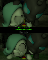 Size: 1280x1590 | Tagged: explicit, grimdark, artist:tenebris, oc, oc:emerald jewel, 2 panel comic, 3d, amulet, anal, changeling, changeling male on colt, changeling on colt, changeling on pony action, colt, colt quest, comic, crying, dialogue, earth pony, foal, foalcon, gay, imported from derpibooru, interspecies, jewelry, male, pain, painal, penetration, pony, rape, sex, wide eyes