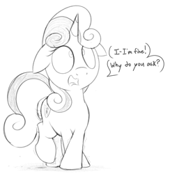 Size: 1824x1869 | Tagged: questionable, artist:dtcx97, sweetie belle, awkward, crossed hooves, embarrassed, estrus, female, filly, foal, foalcon, g4, imported from derpibooru, monochrome, nervous, pony, sketch, solo, solo female, speech bubble, tail, tail trail, unicorn, vaginal secretions, vaginal secretions trail