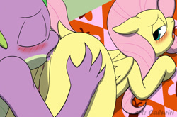 Size: 920x607 | Tagged: explicit, artist:caluriri, fluttershy, spike, analingus, analingus on female, blushing, butt, female, foalcon, g4, imported from derpibooru, kiss mark, lipstick, lipstick on anus, male, male on female analingus, nudity, oral, pegasus, plot, pony, sex, ship:flutterspike, shipping, straight, vulva
