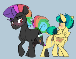 Size: 3896x3000 | Tagged: explicit, artist:veesocks, artist:veesocksad, oc, oc:apogee, oc:blacklight flash, aftersex, anatomically correct, anus, bedroom eyes, blushing, creampie, cum, earth pony, earth pony oc, female, filly, foal, foalcon, freckles, high res, horsecock, imported from derpibooru, lidded eyes, looking at each other, male, mohawk, multicolored hair, nudity, pegasus, pegasus oc, penis, pony, rainbow hair, ship:apoflash, stallion, vaginal secretions, vulva, wings