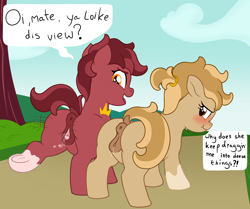 Size: 2075x1734 | Tagged: explicit, artist:crade, artist:deserter, oc, oc:peanut toffy, oc:raspberry toffy, accent, anatomically correct, anus, blushing, british, butt bump, clitoris, coat markings, color edit, colored, dialogue, dock, earth pony, edit, exhibitionism, female, filly, foal, foalcon, imported from derpibooru, nudity, open mouth, park, plot pair, ponut, pony, ponytail, public nudity, short tail, showing off, socks (coat markings), tail aside, tail lift, twins, vaginal secretions, varying degrees of want, vulva, vulvar winking