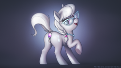 Size: 1280x720 | Tagged: explicit, artist:shydale, silver spoon, abstract background, anal insertion, anatomically correct, braid, butt, buttplug, dock, earth pony, female, filly, foal, foalcon, g4, genital fashion, glasses, imported from derpibooru, insertion, jeweled buttplug, jewelry, looking back, necklace, nudity, plot, pony, presenting, presenting anus, presenting pussy, raised hoof, raised leg, raised tail, sex toy, solo, solo female, tail, vaginal secretions, vulva, wallpaper, wallpaper for the fearless