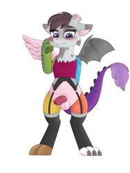 Size: 1500x2000 | Tagged: explicit, oc, oc:desorde, artist needed, balls, bipedal, blushing, crossdressing, draconequus, foalcon, girly, imported from derpibooru, male, nudity, oc only, semi-anthro, simple background, solo, solo male, spread wings, white background, wings