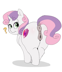 Size: 955x1103 | Tagged: explicit, artist:littlebibbo, sweetie belle, anatomically correct, anus, blushing, butt, confused, dark genitals, dock, female, filly, foal, foalcon, g4, imported from derpibooru, looking back, nudity, plot, ponut, pony, question mark, solo, solo female, sweetie butt, the ass was fat, the cmc's cutie marks, unicorn, vulva
