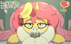 Size: 2864x1779 | Tagged: explicit, artist:mackstack, oc, oc:scarlet cream, oc:tristesse, bed, bedroom, belly button, blowjob, cum, cum in mouth, dialogue, ear piercing, female, foalcon, futa, futa filly on mare, futa oc, futa on female, futa pov, heart, horsecock, imported from derpibooru, incest, intersex, leg lock, looking at you, lying down, milf, mother and child, mother and daughter, nudity, oc only, offscreen character, oral, penetration, penis, piercing, pony, pov, sex, tired, unicorn
