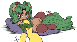 Size: 1091x607 | Tagged: explicit, artist:zajice, oc, oc:silk snare, arm hooves, bedroom eyes, blushing, clothes, earth pony, edit, exclamation point, female, female focus, fetish, filly, foal, foalcon, hoof fetish, hoof licking, hoof worship, hooves, human vulva on pony, imported from derpibooru, interrobang, legwear, licking, looking at you, nudity, oc only, offspring, open mouth, pony, question mark, ribbon, semi-anthro, simple background, solo focus, stockings, subtly explicit, thigh highs, tongue out, transparent background, vulva