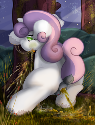 Size: 1639x2160 | Tagged: explicit, grotesque, artist:not_texmex, sweetie belle, alternate version, anatomically correct, anus, blank flank, dark genitals, derpibooru exclusive, diarrhea, dock, emetophilia, explosive diarrhea, female, fetish, foal, foalcon, forest, g4, green face, imported from derpibooru, looking back, night, nudity, ponut, pony, poop, pooping, scat, sick, steam, unshorn fetlocks, using the bathroom in the woods, vomit, vomiting, vulva