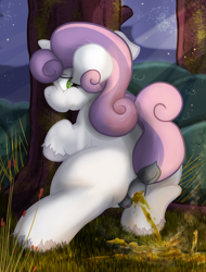 Size: 1639x2160 | Tagged: explicit, grotesque, artist:not_texmex, sweetie belle, alternate version, anatomically correct, anus, blank flank, dark genitals, derpibooru exclusive, diarrhea, dock, explosive diarrhea, female, fetish, foalcon, forest, g4, imported from derpibooru, looking back, night, nudity, ponut, pony, poop, pooping, scat, steam, unshorn fetlocks, using the bathroom in the woods, vulva