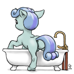 Size: 1000x1000 | Tagged: questionable, artist:trefoiler, oc, oc:rocky (colt quest), anus, backsack, balls, bath, bathtub, butt, casual nudity, claw foot bathtub, climbing, colt, colt quest, foal, foalcon, imported from derpibooru, looking at you, looking back, looking back at you, male, nudity, oc only, plot, pony, simple background, solo, transparent background, unicorn