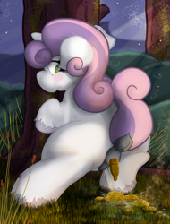 Size: 1639x2160 | Tagged: explicit, grotesque, artist:not_texmex, sweetie belle, alternate version, anatomically correct, anus, blank flank, dark genitals, derpibooru exclusive, dock, female, fetish, foalcon, forest, g4, imported from derpibooru, looking back, night, nudity, pissing, ponut, pony, poop, pooping, scat, steam, sweetiepoo, unshorn fetlocks, urine, using the bathroom in the woods, vulva, watersports