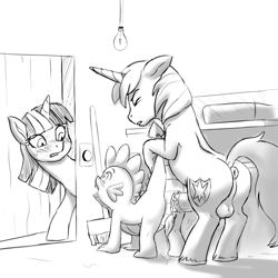 Size: 920x920 | Tagged: explicit, artist:crade, shining armor, spike, twilight sparkle, anal, anal creampie, anus, blushing, caught, creampie, cum, dragon, female, foalcon, g4, gay, gay in front of girls, imported from derpibooru, infidelity, infidelity armor, male, nudity, penetration, pony, pony on dragon action, sex, ship:spikemor, shipping, sweat, sweating profusely, unicorn