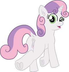 Size: 1899x1986 | Tagged: explicit, artist:poniidesu, sweetie belle, anatomically correct, anus, blank flank, chest fluff, ear fluff, female, filly, foal, foalcon, frog (hoof), g4, imported from derpibooru, looking at you, looking back, looking back at you, nudity, ponut, pony, simple background, solo, solo female, transparent background, underhoof, unicorn, vulva
