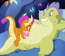 Size: 2165x1856 | Tagged: explicit, artist:dancingchar, age difference, angry sex, blowjob, blushing, cum, dragon, dragoness, dripping, dripping cum, dubious consent, father knows beast, female, foalcon, g4, grin, hatefuck, imported from derpibooru, knot, male, my little pony: friendship is magic, nudity, oral, penis, season 8, sex, ship:smudge, show accurate, show accurate porn, size difference, sludge (g4), smiling, smolder, smolderriere
