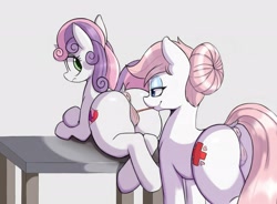 Size: 2048x1505 | Tagged: explicit, artist:tre, sweetie belle, anatomically correct, anus, butt, dock, duo, duo female, earth pony, eyes on the prize, eyeshadow, female, females only, filly, foal, foalcon, g4, imminent insertion, imported from derpibooru, looking at butt, looking back, makeup, mare, mouth hold, nudity, nurse redbutt, nurse redheart, plot, plot pair, ponut, pony, rear view, rectal thermometer, sweetie butt, table, the cmc's cutie marks, unicorn, vulva