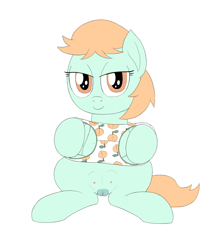 Size: 1500x1800 | Tagged: explicit, artist:unsavorydom, bedroom eyes, clitoris, clothes, crotchboobs, earth pony, female, filly, foal, foalcon, g4, imported from derpibooru, nipples, nudity, panties, peach fuzz, peach print underwear, pony, simple background, solo, solo female, teats, underwear, vagina, vulva, white background, white underwear