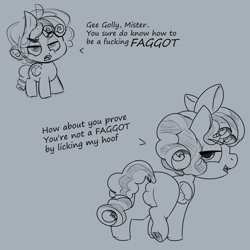 Size: 2800x2800 | Tagged: questionable, artist:ratiodaze, cozy glow, dialogue, featureless crotch, female, filly, foal, foalcon, g4, high res, imported from derpibooru, its a trap!, looking at you, looking back, pegasus, pony, sketch, underhoof, vulgar