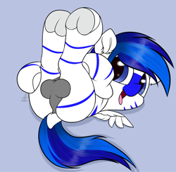 Size: 2093x2035 | Tagged: explicit, artist:kim0508, oc, oc:fifty percent, anus, balls, colt, dock, foal, foalcon, gradient background, high res, hybrid, imported from derpibooru, looking back, male, nudity, oc only, on back, original species, pegasus, pegasus oc, pony, simple background, solo, solo male, taint, unicorn, wings, zebra, zony, zony oc