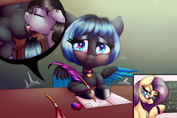 Size: 4500x3000 | Tagged: explicit, artist:cornelia_nelson, fluttershy, oc, oc:aerial ace, blushing, collar, commission, cunnilingus, female, foal, foalcon, g4, imported from derpibooru, mare, nudity, oral, sex, stealth sex, teacher, teacher and student, thrill of almost being caught, under the table, vulva