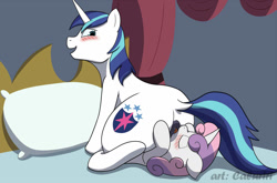 Size: 1280x844 | Tagged: explicit, artist:caluriri, shining armor, sweetie belle, analingus, analingus on male, anus, blushing, dilf, duo, facesitting, female, female on male, female on male analingus, foalcon, g4, imported from derpibooru, male, male facesitting, nudity, oral, pony, sex, ship:shiningbelle, ship:sweetiearmor, straight, this will end in jail time, unicorn