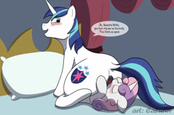 Size: 1280x844 | Tagged: explicit, artist:caluriri, shining armor, sweetie belle, age difference, analingus, analingus on male, anus, big dom small sub, blushing, dialogue, dilf, duo, english, facesitting, female, female on male, female on male analingus, filly, foal, foalcon, g4, imported from derpibooru, kiss mark, lipstick, lipstick on anus, male, male facesitting, nudity, oral, pony, sex, ship:shiningbelle, ship:sweetiearmor, stallion, stallion on filly, straight, this will end in jail time, unicorn