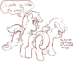 Size: 2075x1734 | Tagged: explicit, artist:crade, oc, oc:peanut toffy, oc:raspberry toffy, anatomically correct, anus, blushing, british, butt bump, clitoris, dialogue, dock, earth pony, exhibitionism, female, filly, foal, foalcon, imported from derpibooru, monochrome, nudity, open mouth, ponut, pony, showing off, simple background, unwilling, vulva, vulvar winking, white background