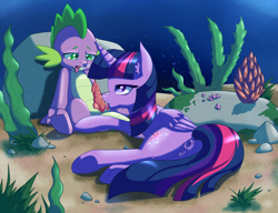 Size: 2600x2000 | Tagged: explicit, artist:suziouwabami, spike, twilight sparkle, alicorn, backwards cutie mark, commission, dragon, female, foalcon, g4, high res, imported from derpibooru, interspecies, licking, licking cock, male, nudity, oral, penis, pony, sex, ship:twispike, shipping, straight, tongue out, twilight is a foal fiddler, underwater, vulva, water
