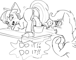 Size: 1800x1428 | Tagged: explicit, artist:crade, apple bloom, scootaloo, sweetie belle, anatomically correct, anus, anything is a dildo if you're brave enough, bad idea, blushing, bottle, cactus, cutie mark crusaders, dialogue, dock, drunk, earth pony, female, filly, foal, foalcon, g4, go home you're drunk, implied dildo, imported from derpibooru, improvised sex toy, lineart, nudity, on table, open mouth, pegasus, ponut, pony, sex toy, speech bubble, sweat, this will end in hospitalization, this will end in pain, this will end in tears, unicorn, vulva