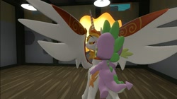 Size: 1024x575 | Tagged: explicit, artist:undeadponysoldier, spike, 3d, alicorn, alternate version, anal, bedroom eyes, crack shipping, daybreaker, doggy style, dragon, eyebrows visible through helmet, female, foalcon, from behind, g4, glowing mane, gmod, imported from derpibooru, interspecies, male, mare, no tail, penetration, pony, sex, ship:spikebreaker, shipping, spread wings, straight, wings