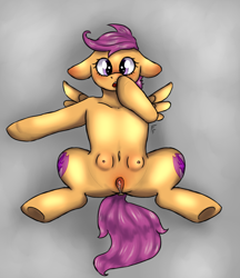 Size: 1341x1549 | Tagged: explicit, artist:ponykittenboi, scootaloo, anatomically correct genitalia, both cutie marks, crotchboobs, cute, female, filly, foal, foalcon, g4, imported from derpibooru, nipples, nudity, pegasus, pony, solo, solo female, surprised, vulva
