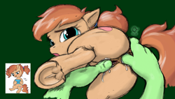 Size: 3000x1700 | Tagged: explicit, artist:trefoiler, artist:unoriginai, oc, oc:anon, oc:save slot, anal, anal fingering, anatomically correct, anus, butt, earth pony, female, female focus, filly, fingering, foal, foalcon, frog (hoof), green background, hand, human, human on pony action, imported from derpibooru, inbred, interspecies, leaking, looking at you, looking back, looking back at you, next generation, nudity, oc only, oc x oc, offscreen character, offspring, parents:buttoncest, penetration, pigtails, plot, pony, pov, product of incest, sex, shipping, simple background, solo focus, tail, tail pull, underhoof, vaginal secretions, vulva