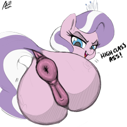 Size: 2000x2000 | Tagged: explicit, artist:aer0 zer0, diamond tiara, anatomically correct, anus, blushing, butt, color edit, colored, dialogue, diamond buttiara, dock, earth pony, edit, female, filly, foal, foalcon, g4, high res, imported from derpibooru, jewelry, large ponut, lidded eyes, looking at you, looking back, looking back at you, nudity, open mouth, plot, ponut, pony, simple background, smug, solo, solo female, stupid sexy diamond tiara, tiara, transparent background, vulva